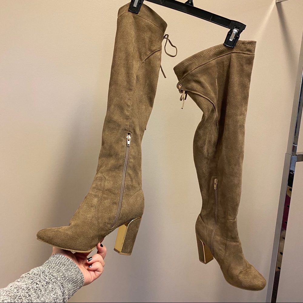 Fashion nova gold & beige suede like lace up boots